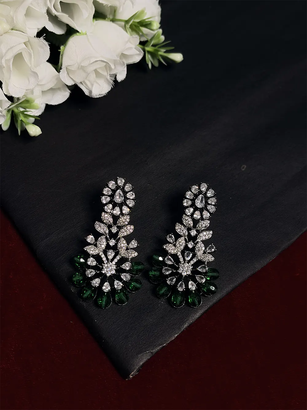 Emerald Green Floral Garden American Diamond Necklace Set with Earrings