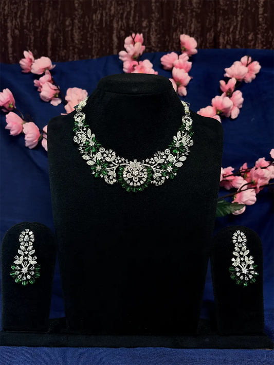 Emerald Green Floral Garden American Diamond Necklace Set with Earrings