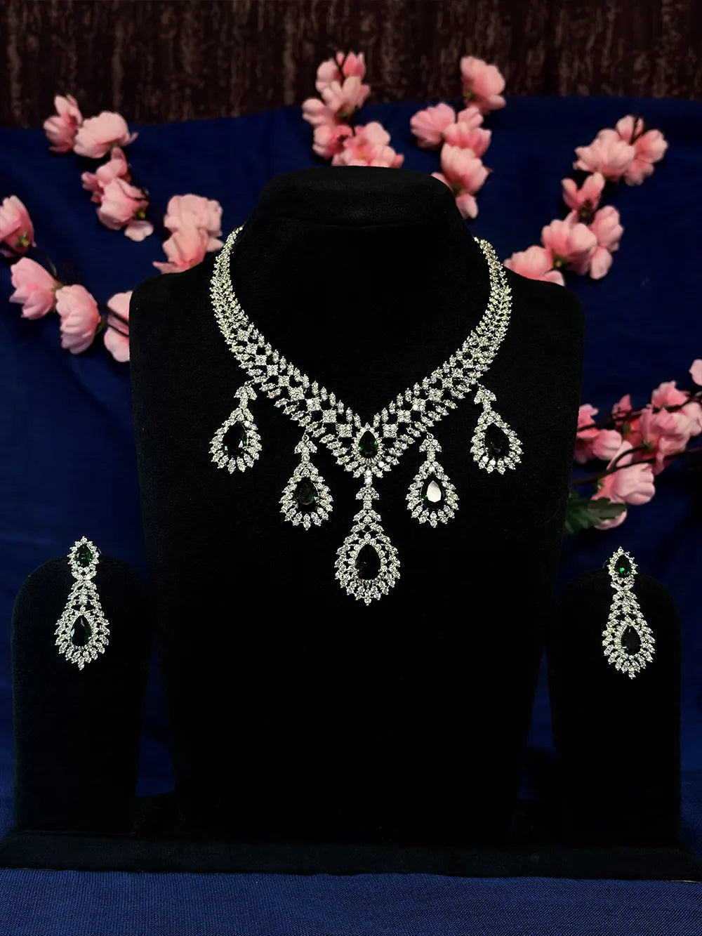 Emerald Green & White American Diamond Teardrop Necklace Set with Earrings