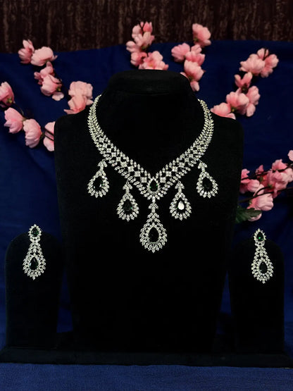 Emerald Green & White American Diamond Teardrop Necklace Set with Earrings