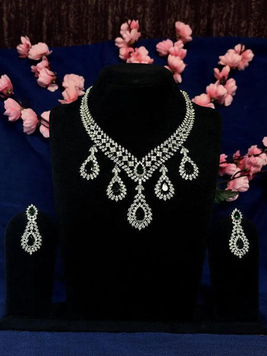 Emerald Green & White American Diamond Teardrop Necklace Set with Earrings