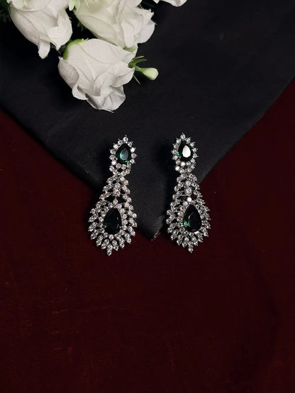 Emerald Green & White American Diamond Teardrop Necklace Set with Earrings