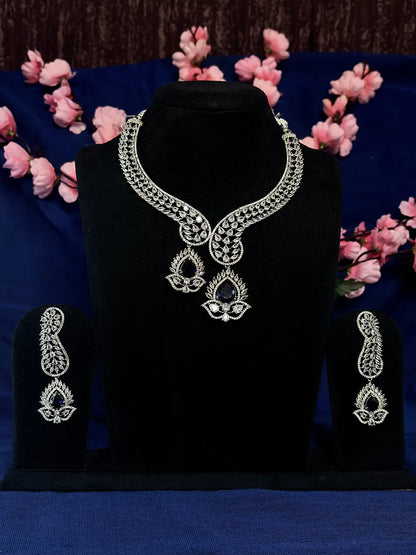 Royal Blue & White American Diamond Necklace Set with Earrings