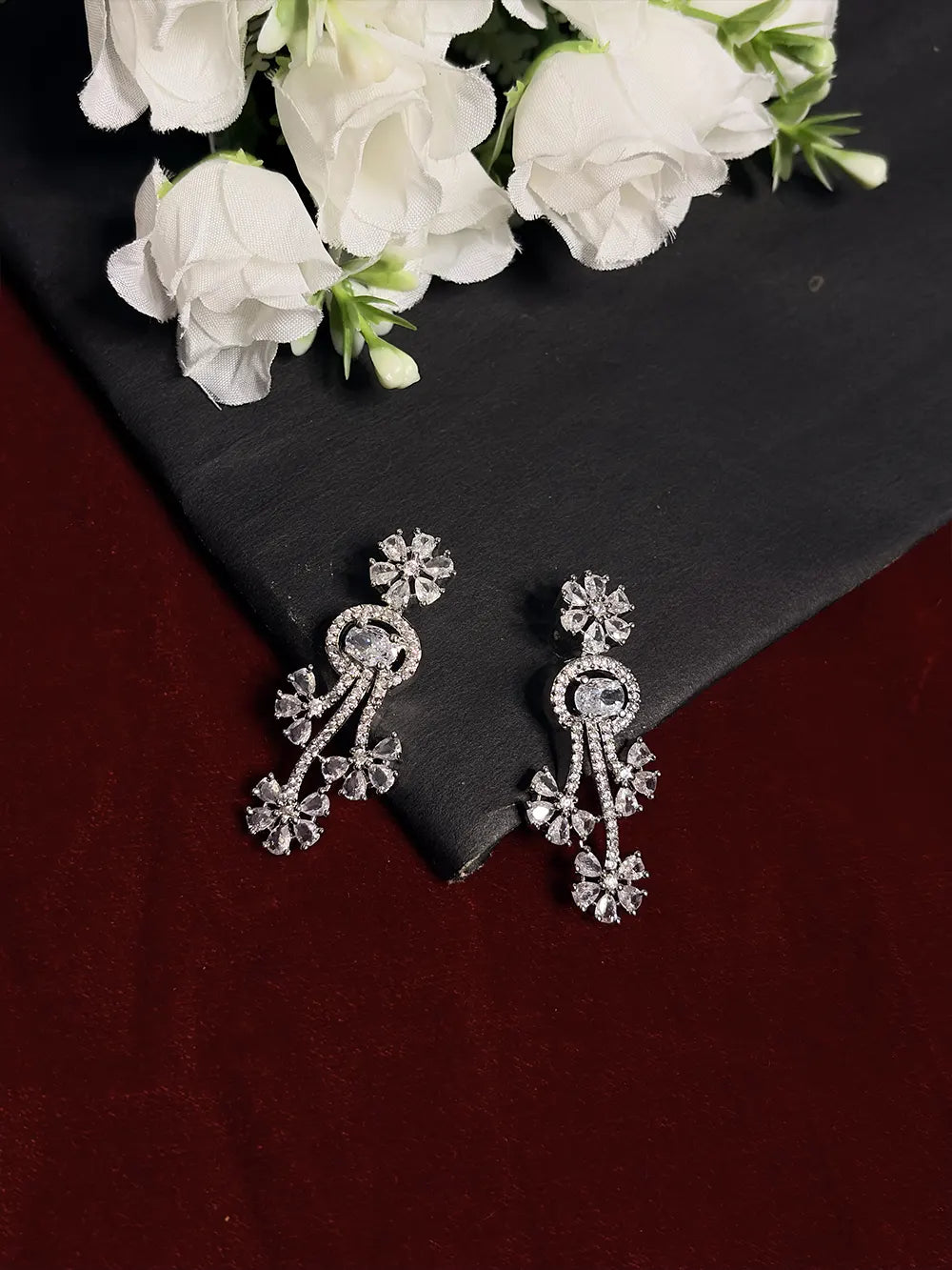 White American Diamond Floral Swirl Necklace Set with Earrings