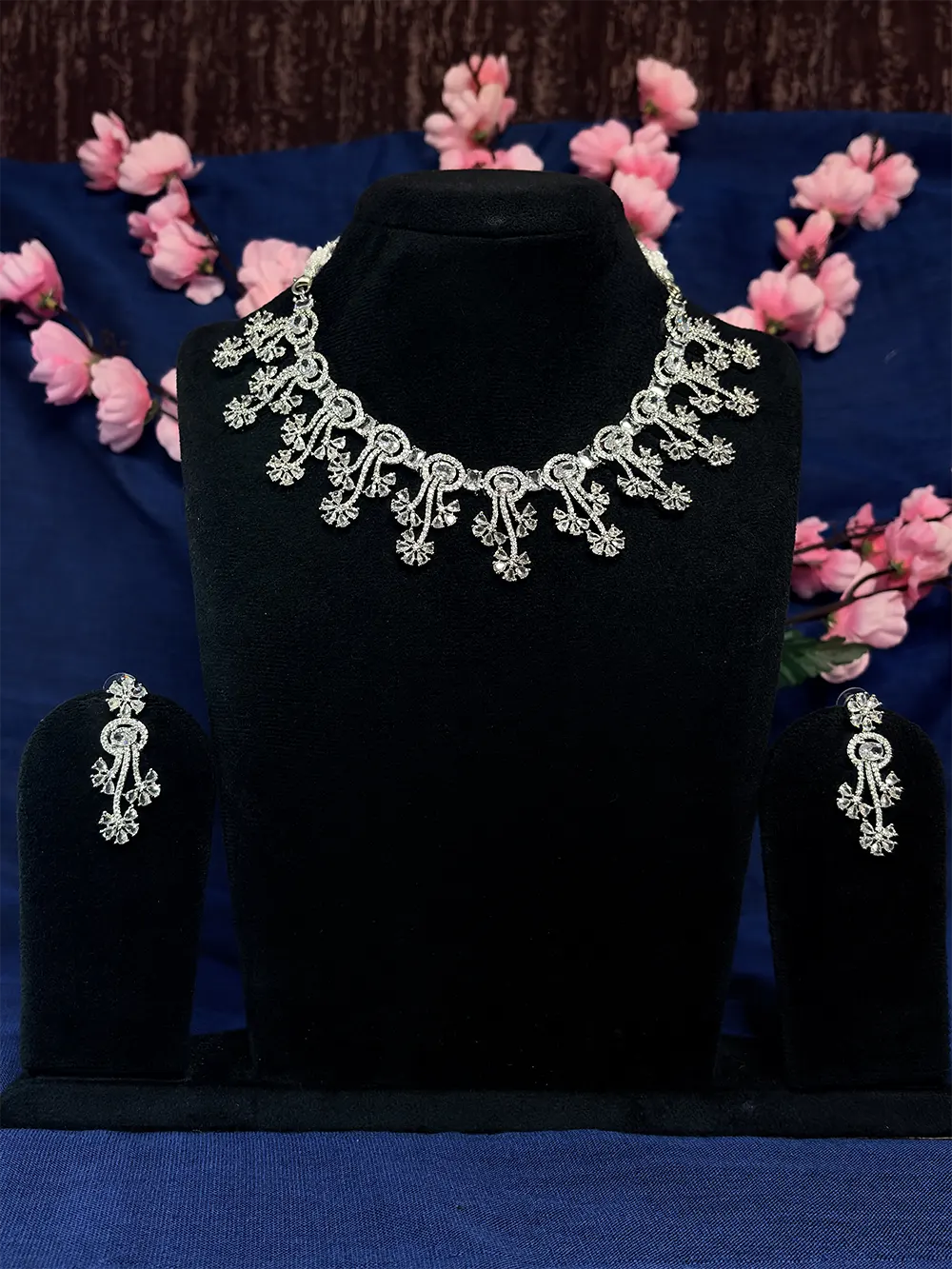 White American Diamond Floral Swirl Necklace Set with Earrings