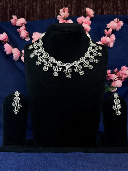 White American Diamond Floral Swirl Necklace Set with Earrings