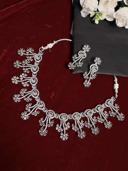 White American Diamond Floral Swirl Necklace Set with Earrings