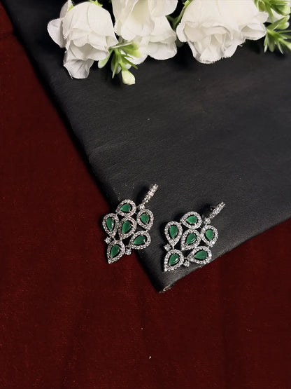 Emerald Green American Diamond & Pearl Floral Necklace Set with Earrings