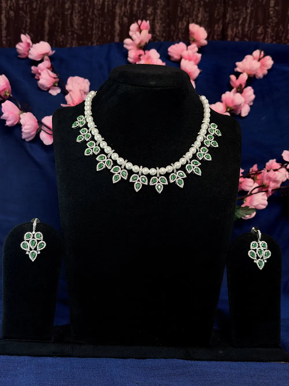 Emerald Green American Diamond & Pearl Floral Necklace Set with Earrings