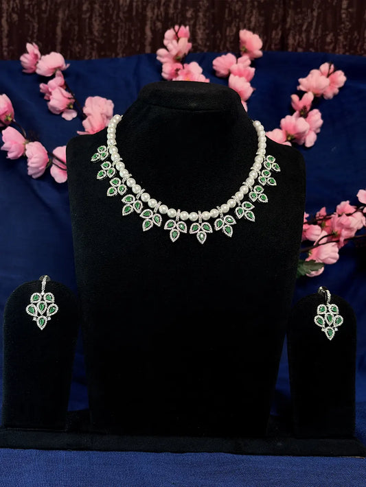 Emerald Green American Diamond & Pearl Floral Necklace Set with Earrings