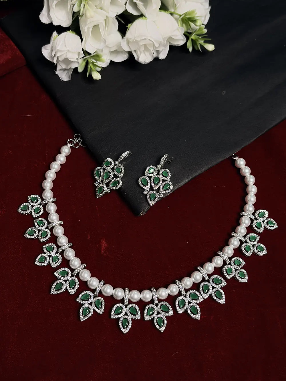 Emerald Green American Diamond & Pearl Floral Necklace Set with Earrings