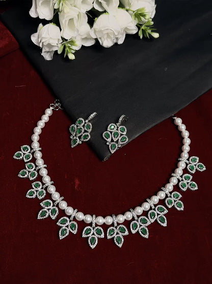Emerald Green American Diamond & Pearl Floral Necklace Set with Earrings