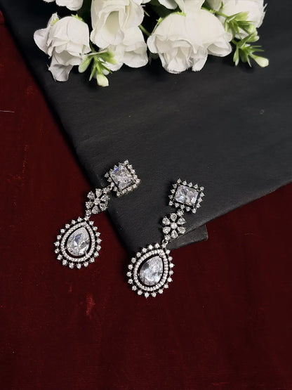 White American Diamond Square & Teardrop Pendant Necklace Set with Earrings