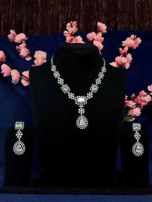 White American Diamond Square & Teardrop Pendant Necklace Set with Earrings