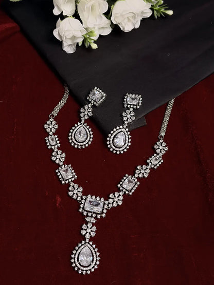 White American Diamond Square & Teardrop Pendant Necklace Set with Earrings
