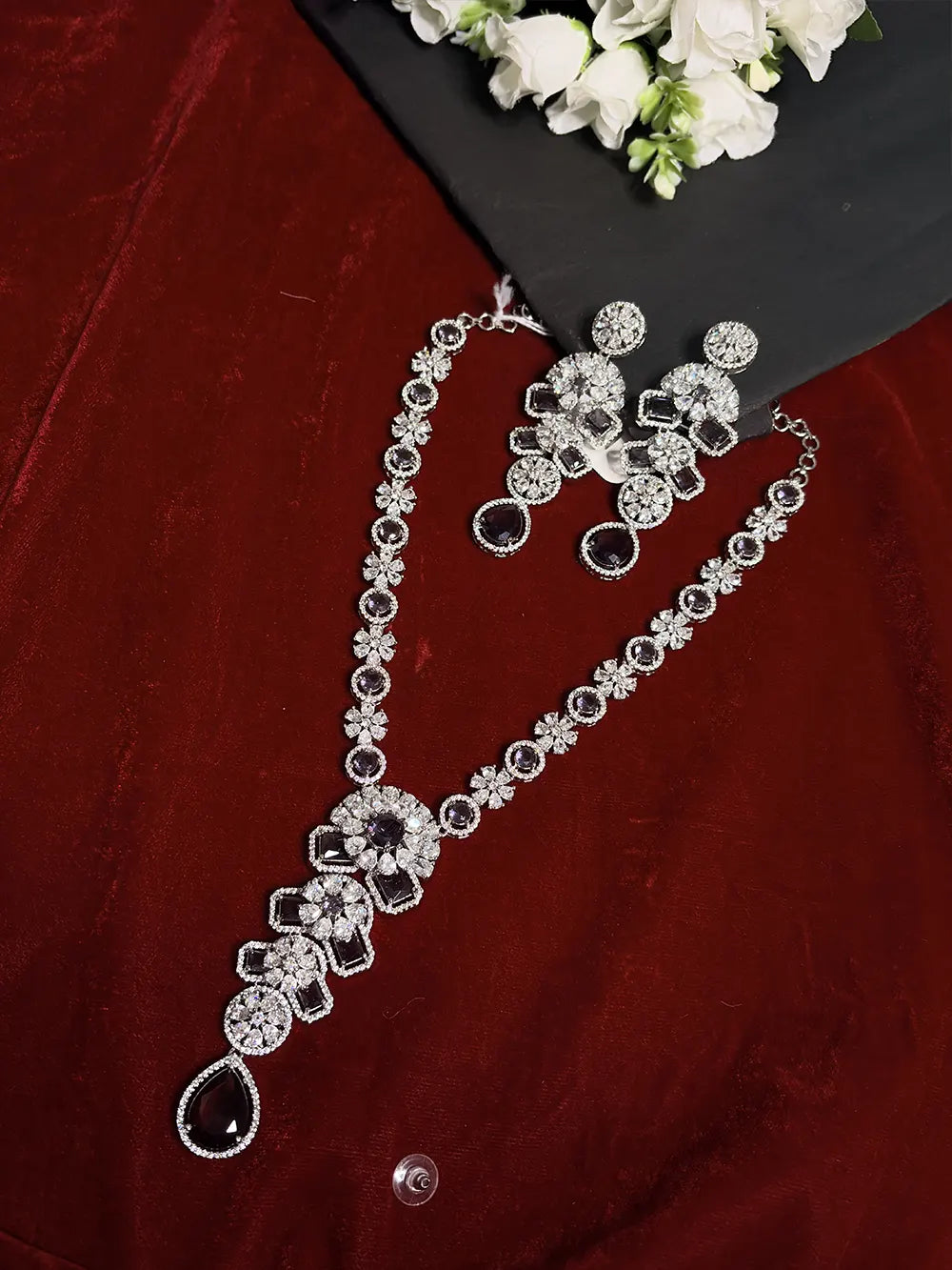 Purple & White American Diamond Long Floral Necklace Set with Earrings