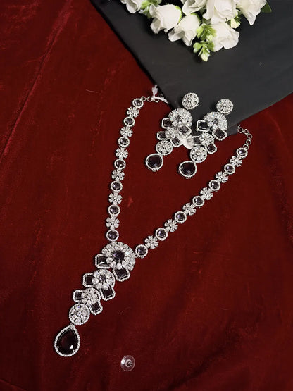 Purple & White American Diamond Long Floral Necklace Set with Earrings