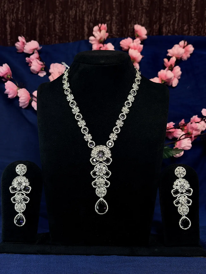 Purple & White American Diamond Long Floral Necklace Set with Earrings