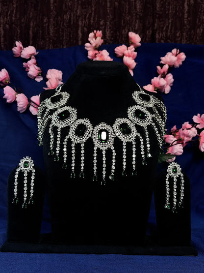 Emerald Green American Diamond Tassel Bridal Necklace Set with Earrings