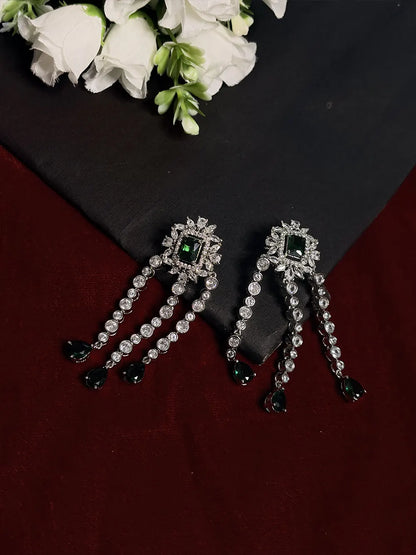 Emerald Green American Diamond Tassel Bridal Necklace Set with Earrings