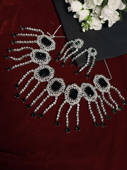 Emerald Green American Diamond Tassel Bridal Necklace Set with Earrings