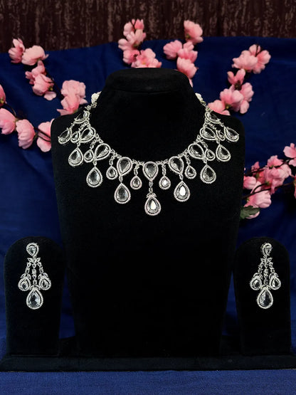 White American Diamond Teardrop Fringe Necklace Set with Earrings