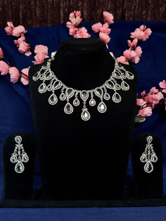 White American Diamond Teardrop Fringe Necklace Set with Earrings