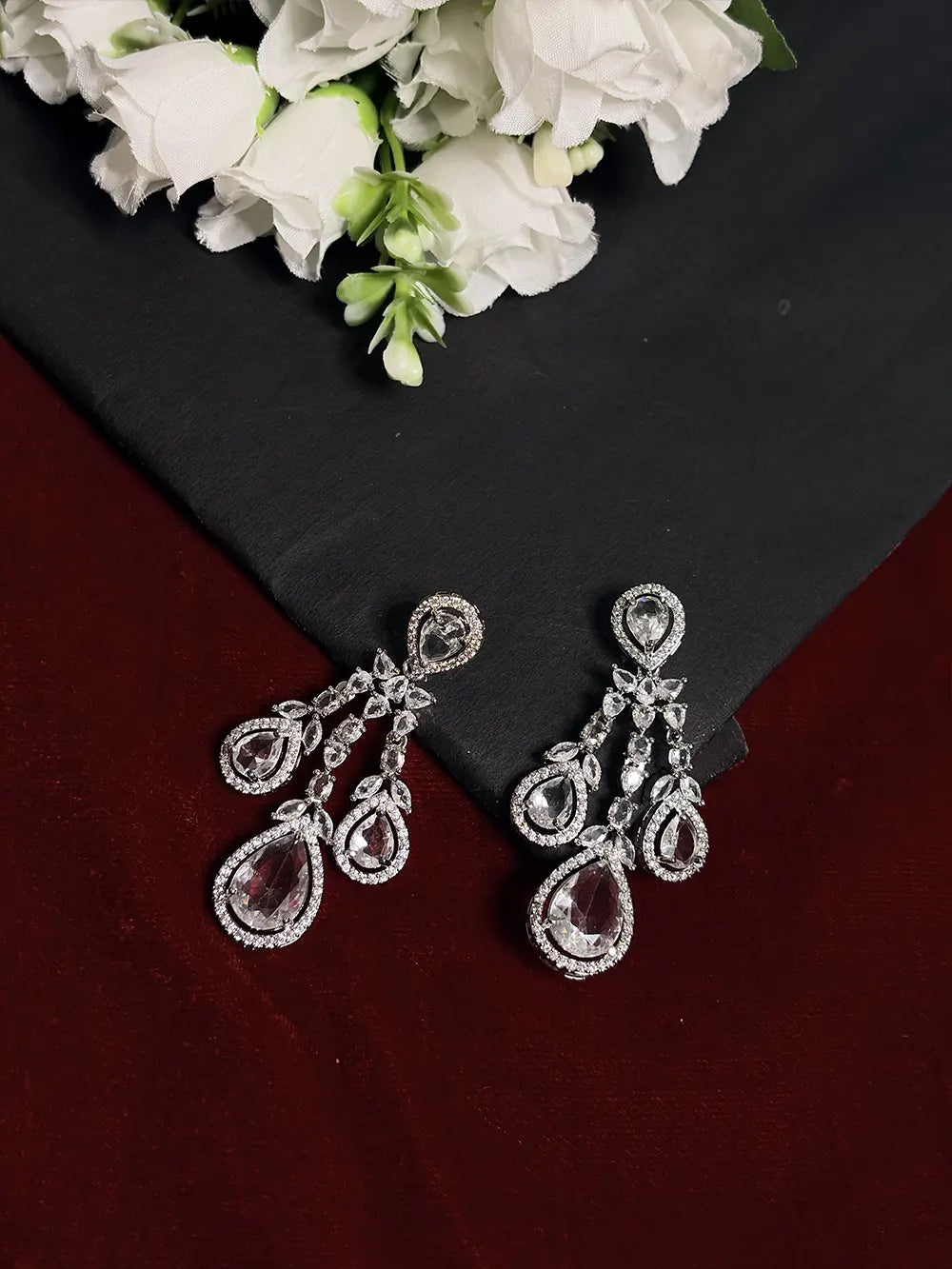 White American Diamond Teardrop Fringe Necklace Set with Earrings