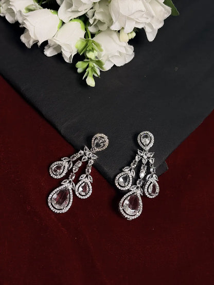 White American Diamond Teardrop Fringe Necklace Set with Earrings