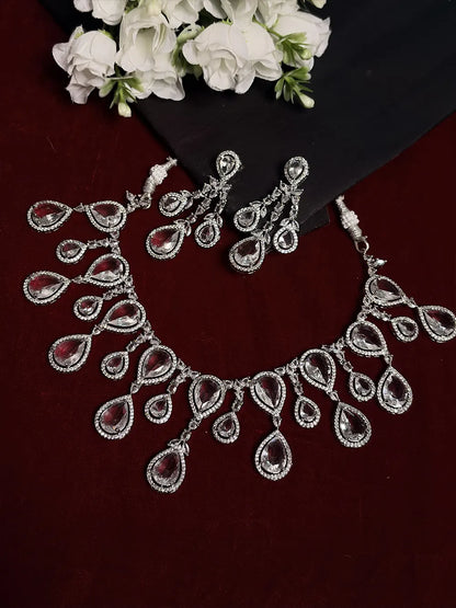 White American Diamond Teardrop Fringe Necklace Set with Earrings