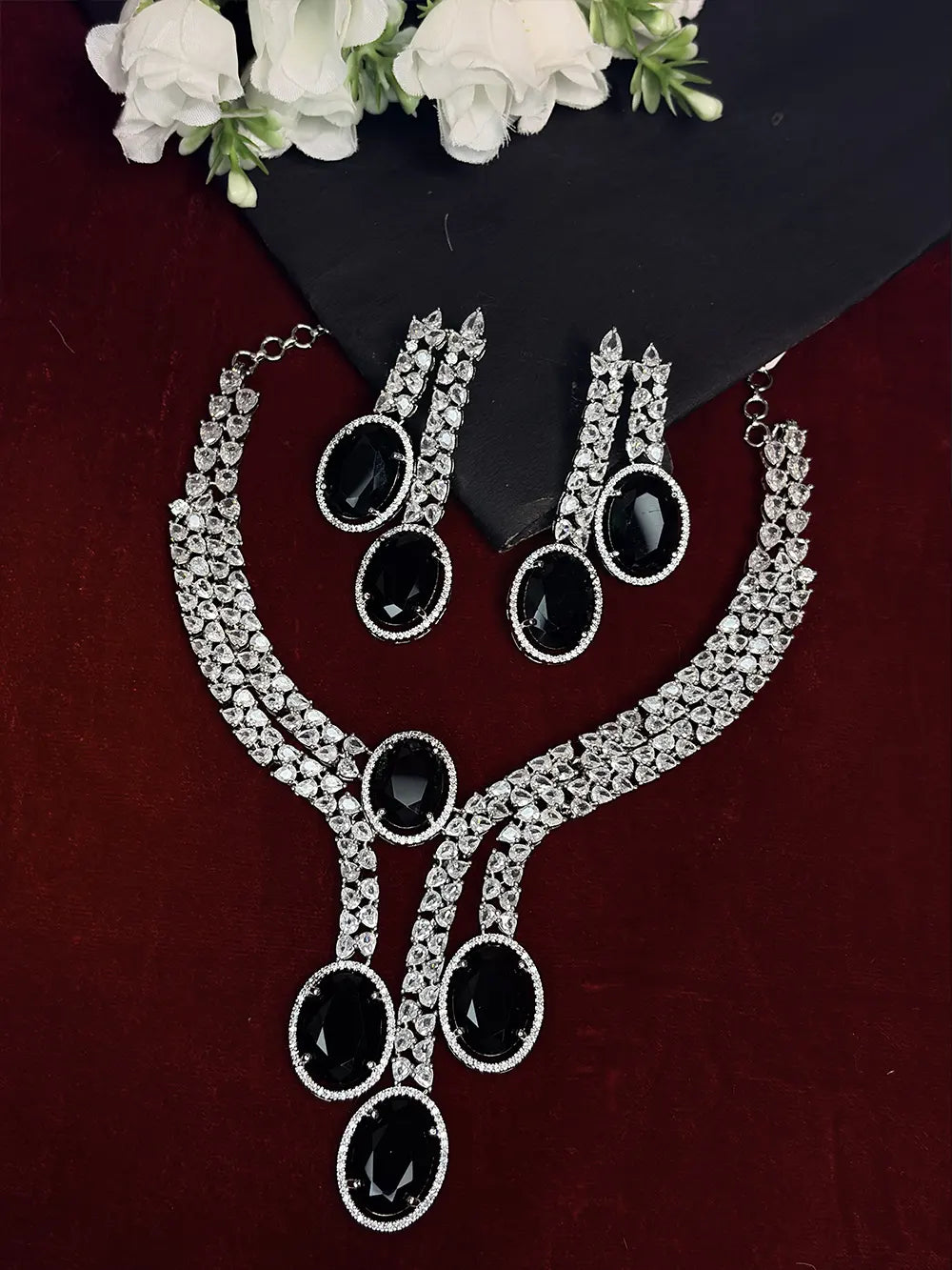 Black & White American Diamond Oval Drop Necklace Set with Earrings