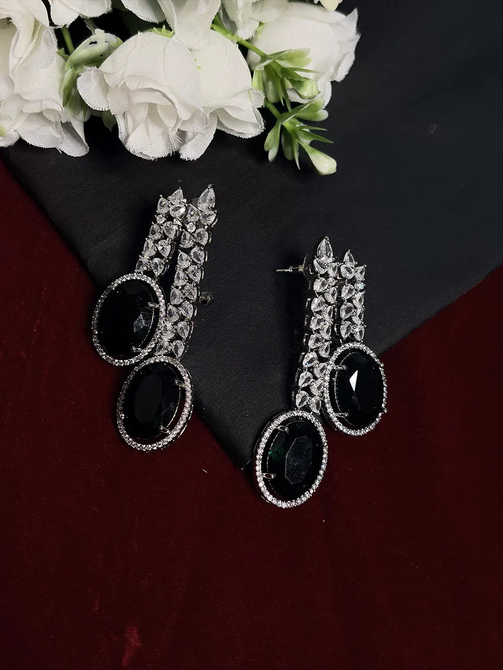 Black & White American Diamond Oval Drop Necklace Set with Earrings