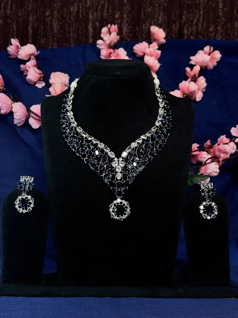 Blue & White American Diamond Floral Drop Necklace Set