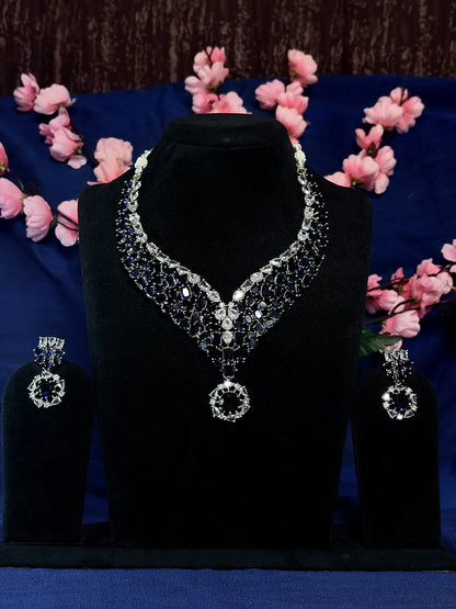 Blue & White American Diamond Floral Drop Necklace Set