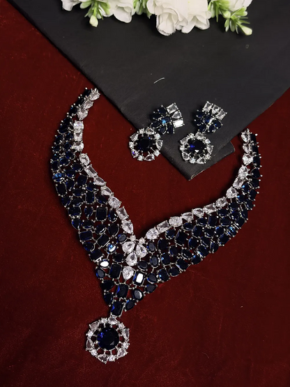 Blue & White American Diamond Floral Drop Necklace Set