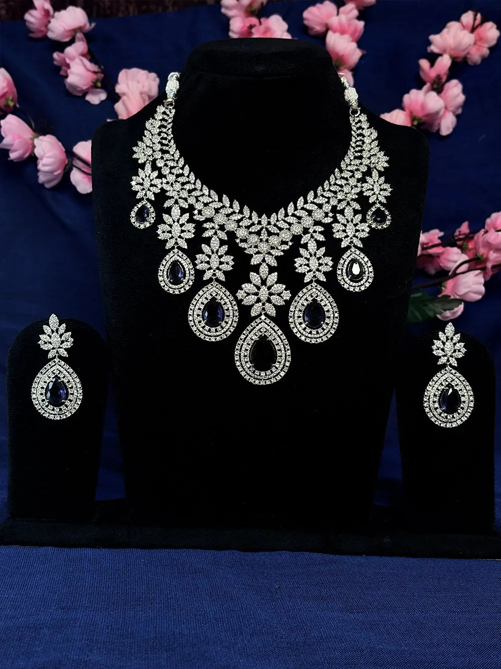 White & Blue American Diamond Floral Teardrop Bridal Necklace Set