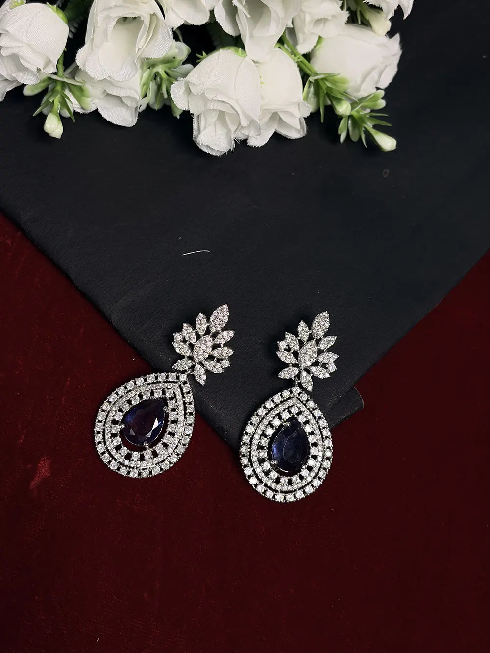 White & Blue American Diamond Floral Teardrop Bridal Necklace Set