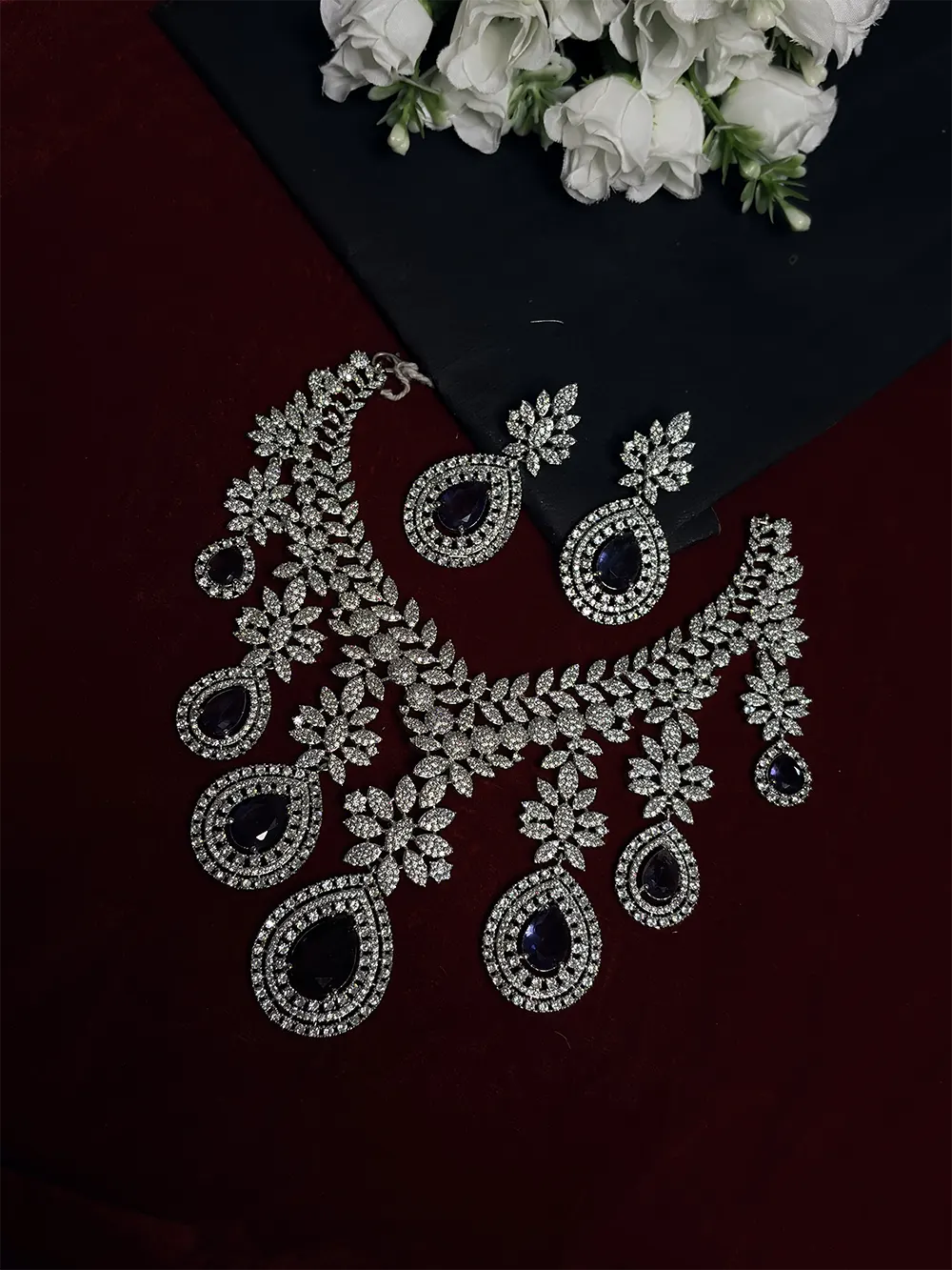 White & Blue American Diamond Floral Teardrop Bridal Necklace Set