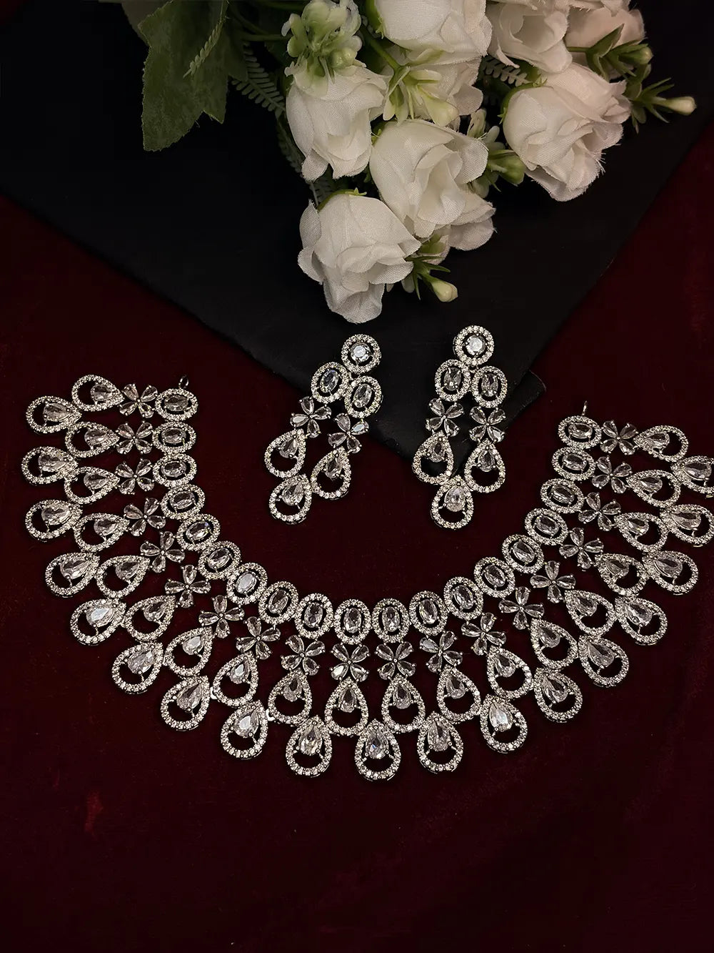 Silver White American Diamond Floral Teardrop Choker Necklace Set