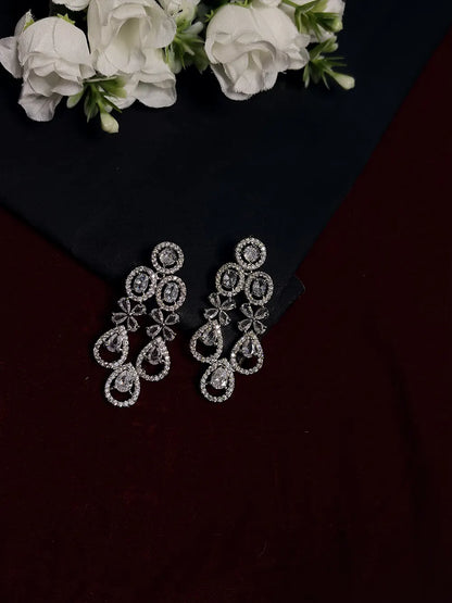 Silver White American Diamond Floral Teardrop Choker Necklace Set