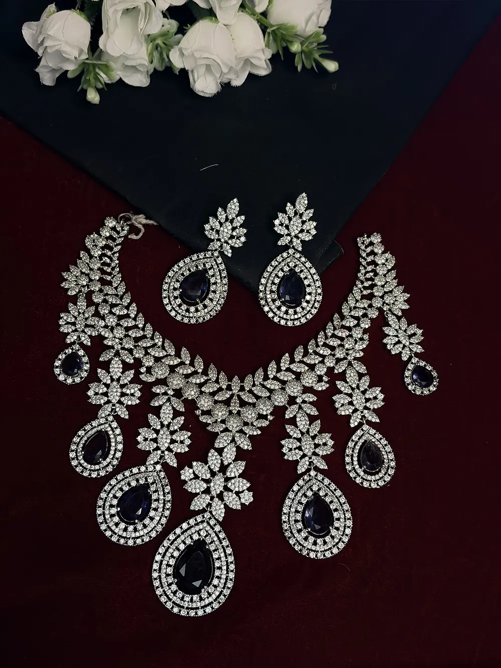 White & Blue American Diamond Floral Teardrop Bridal Necklace Set