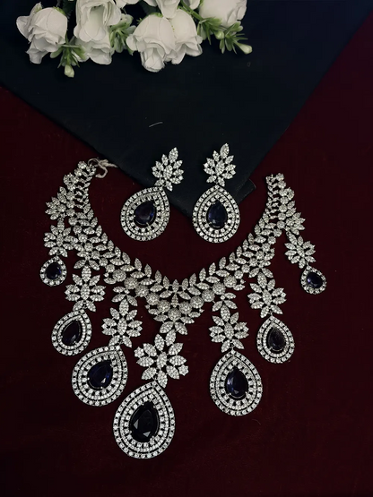 White & Blue American Diamond Floral Teardrop Bridal Necklace Set