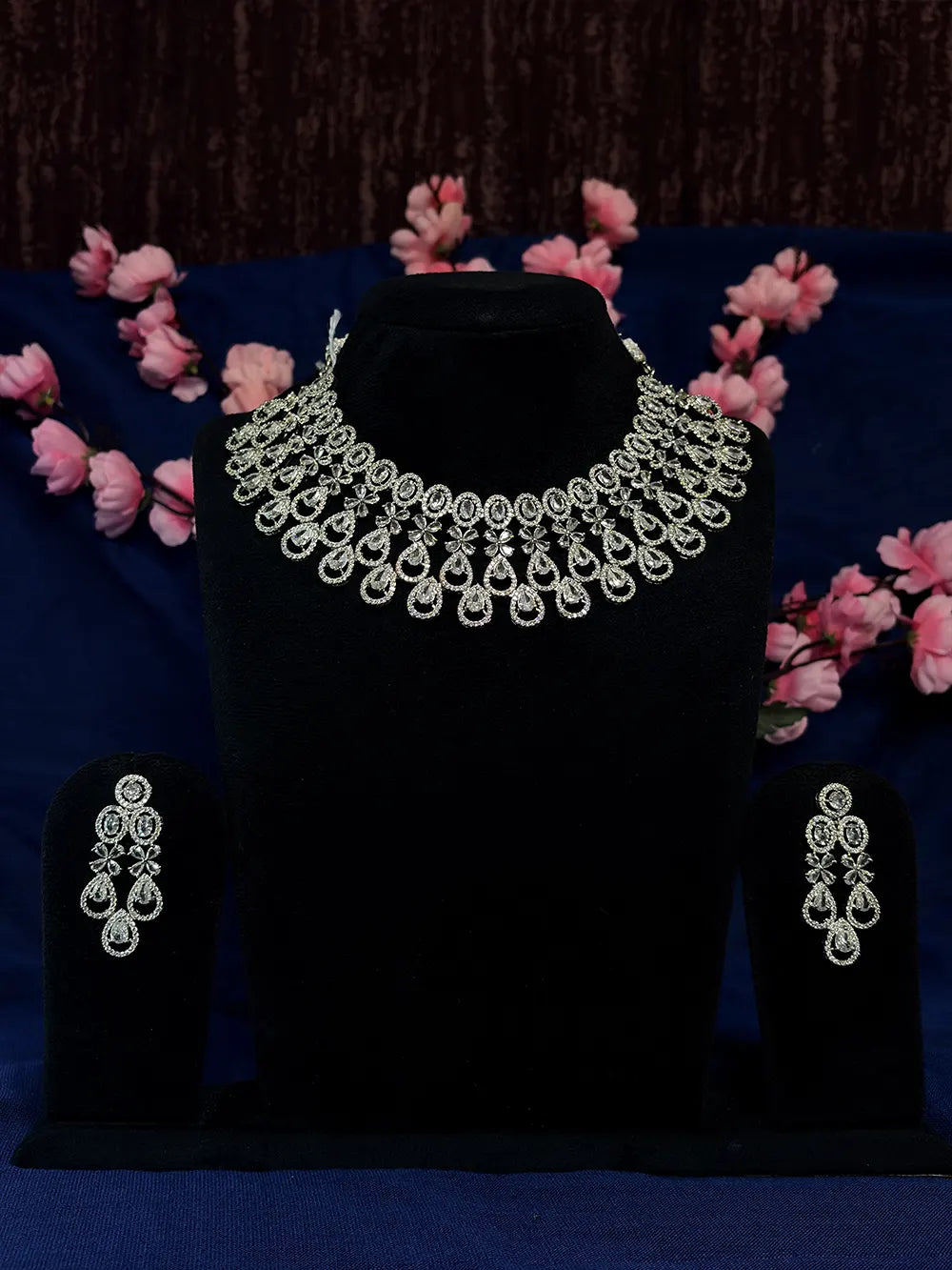 Silver White American Diamond Floral Teardrop Choker Necklace Set