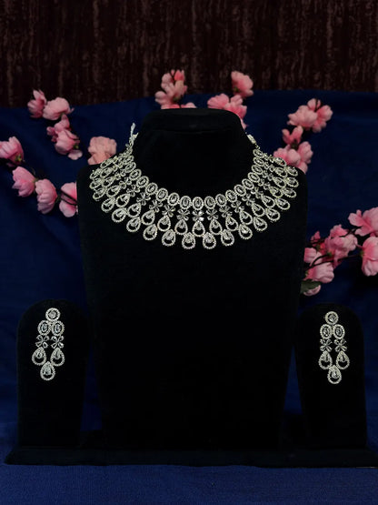 Silver White American Diamond Floral Teardrop Choker Necklace Set