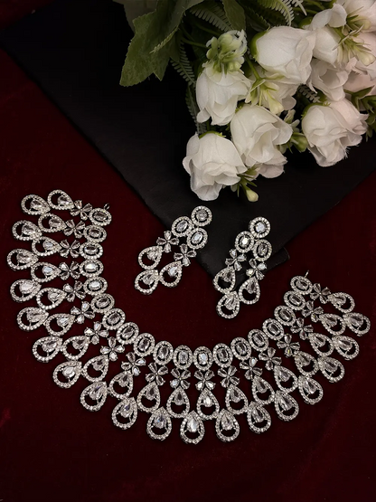 Silver White American Diamond Floral Teardrop Choker Necklace Set