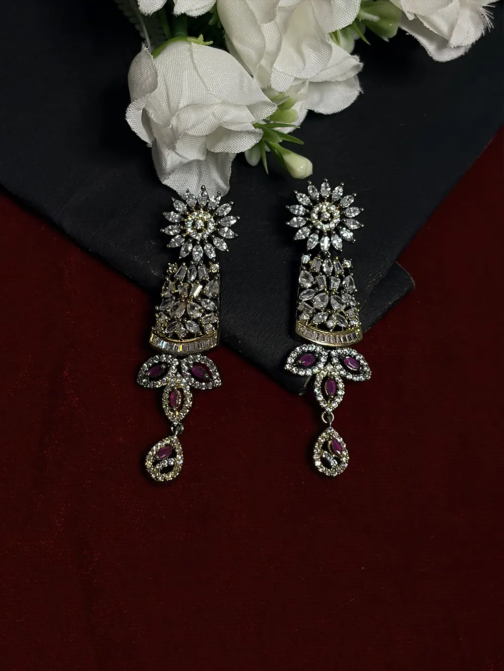Gold Tone Ruby & White AD Baguette Floral Drop Necklace Set