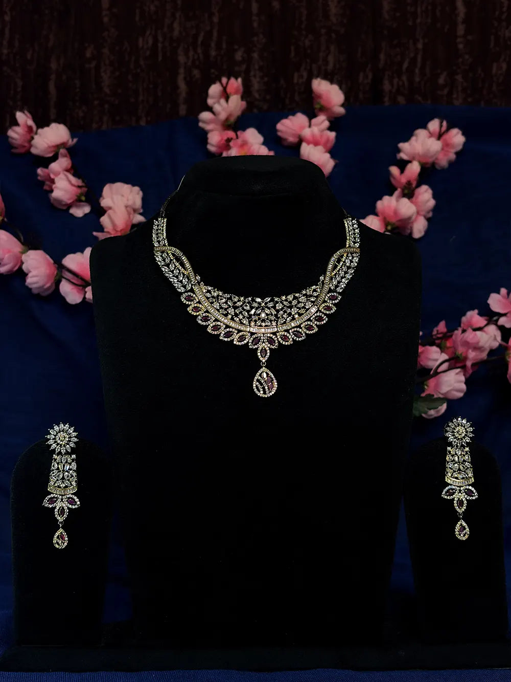 Gold Tone Ruby & White AD Baguette Floral Drop Necklace Set