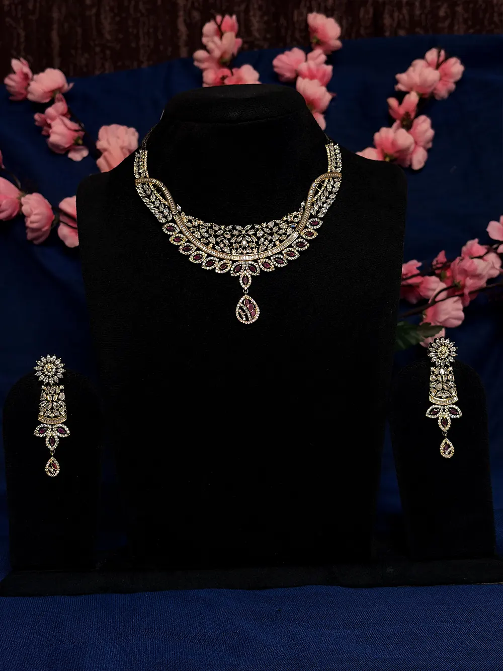 Gold Tone Ruby & White AD Baguette Floral Drop Necklace Set