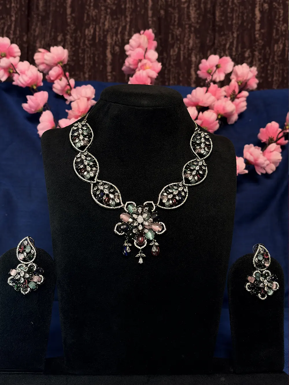 Multicolour Cabochon & AD Stone Floral Pendant Necklace Set