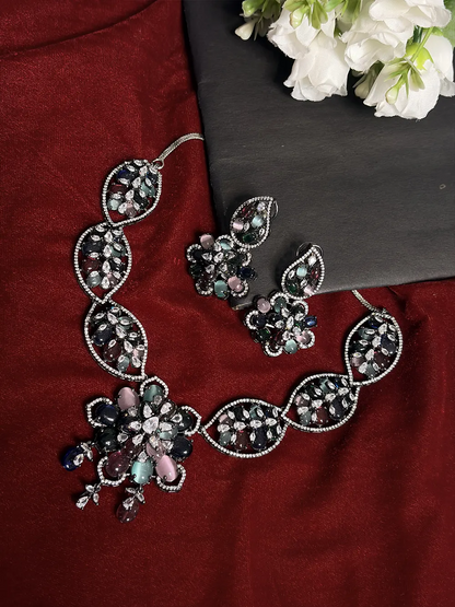 Multicolour Cabochon & AD Stone Floral Pendant Necklace Set